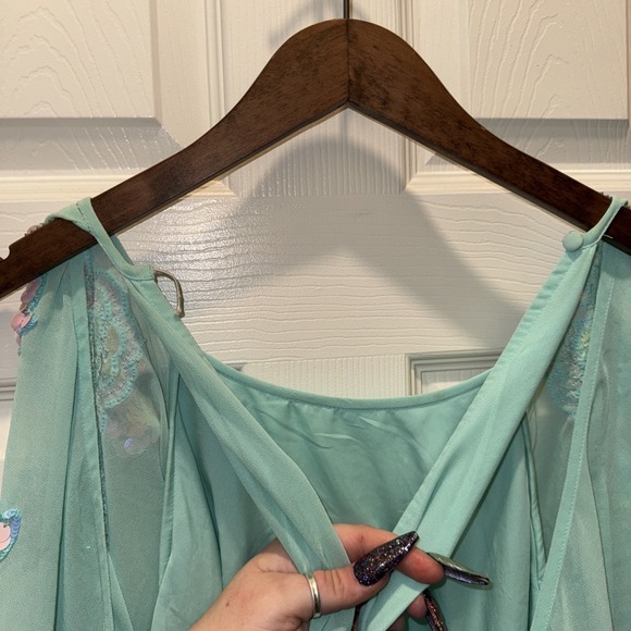 ASOS NWT  Curve Teal Sequin Beaded Pearl Shift Flutter Sleeve Dress Size 18 Plus - Picture 13 of 16